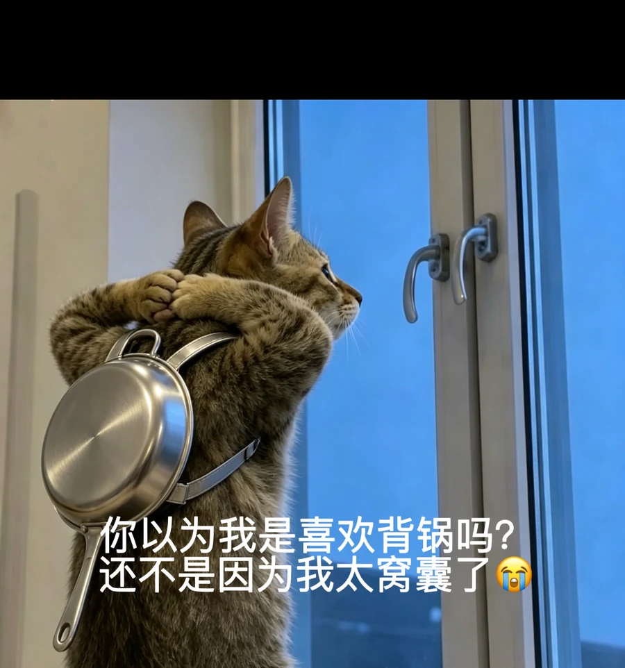 A circulating cat meme showing a cat literally carrying a wok while saying 你以为我是喜欢背锅吗, do you think I like taking the fall; no account data is present — 背锅 (bei guo)