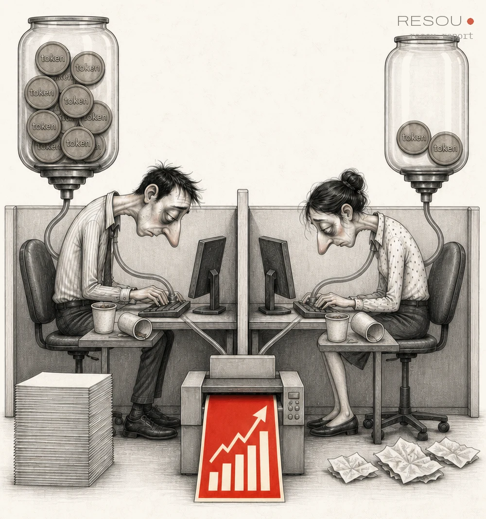 Editorial cartoon: two office workers at facing desks, each on a drip line from an overhead jar of token coins — one jar full, the other down to two — with a printer between them extruding a red page showing a rising chart